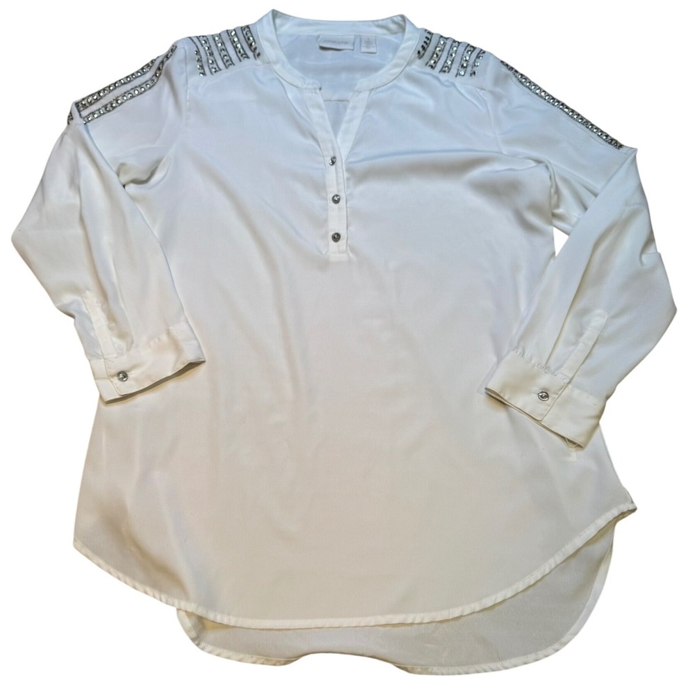 Chico's Sz 1 White Embellished Shoulder Blouse Rhinestone Tunic Top Long Sleeve - Picture 2 of 8